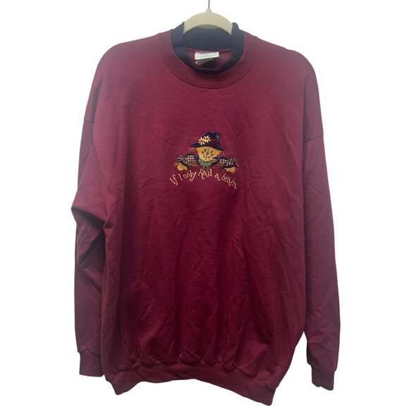 Vintage Burgundy Sweatshirt 3X Embroidered Scarecrow "If I Only Had A Brain" fal - Picture 1 of 9